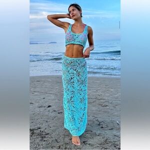 NWT Zara turquoise Crochet maxi skirt and crop top set size S. Blogger Fave!